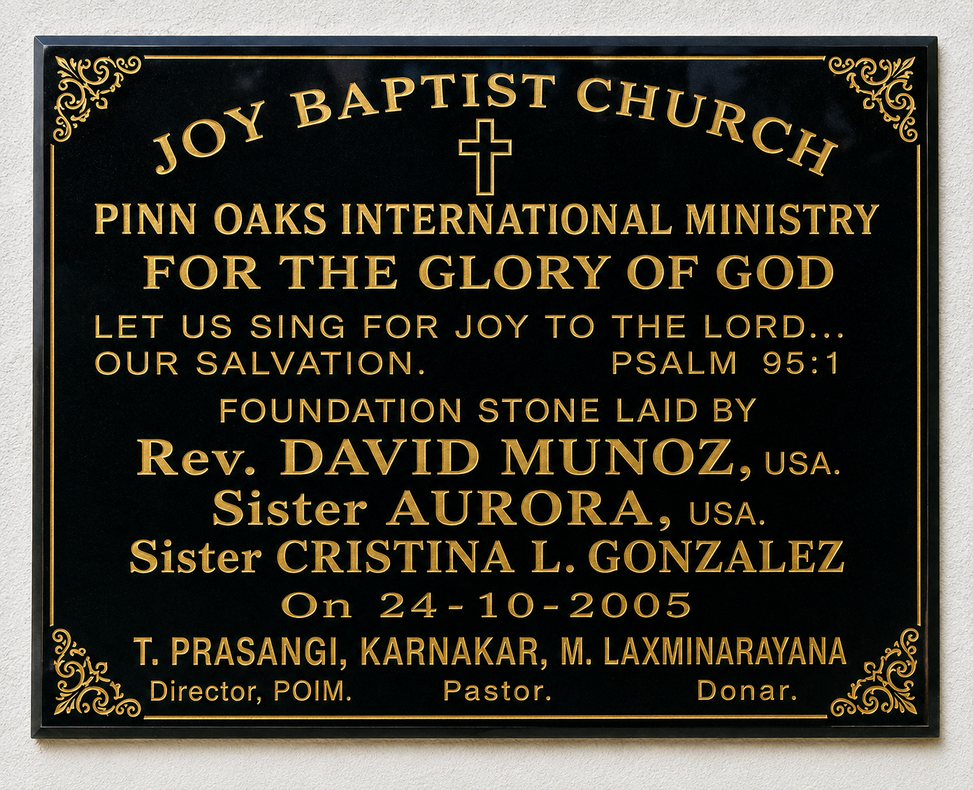 Joy Baptist Church foundation stone plaque.